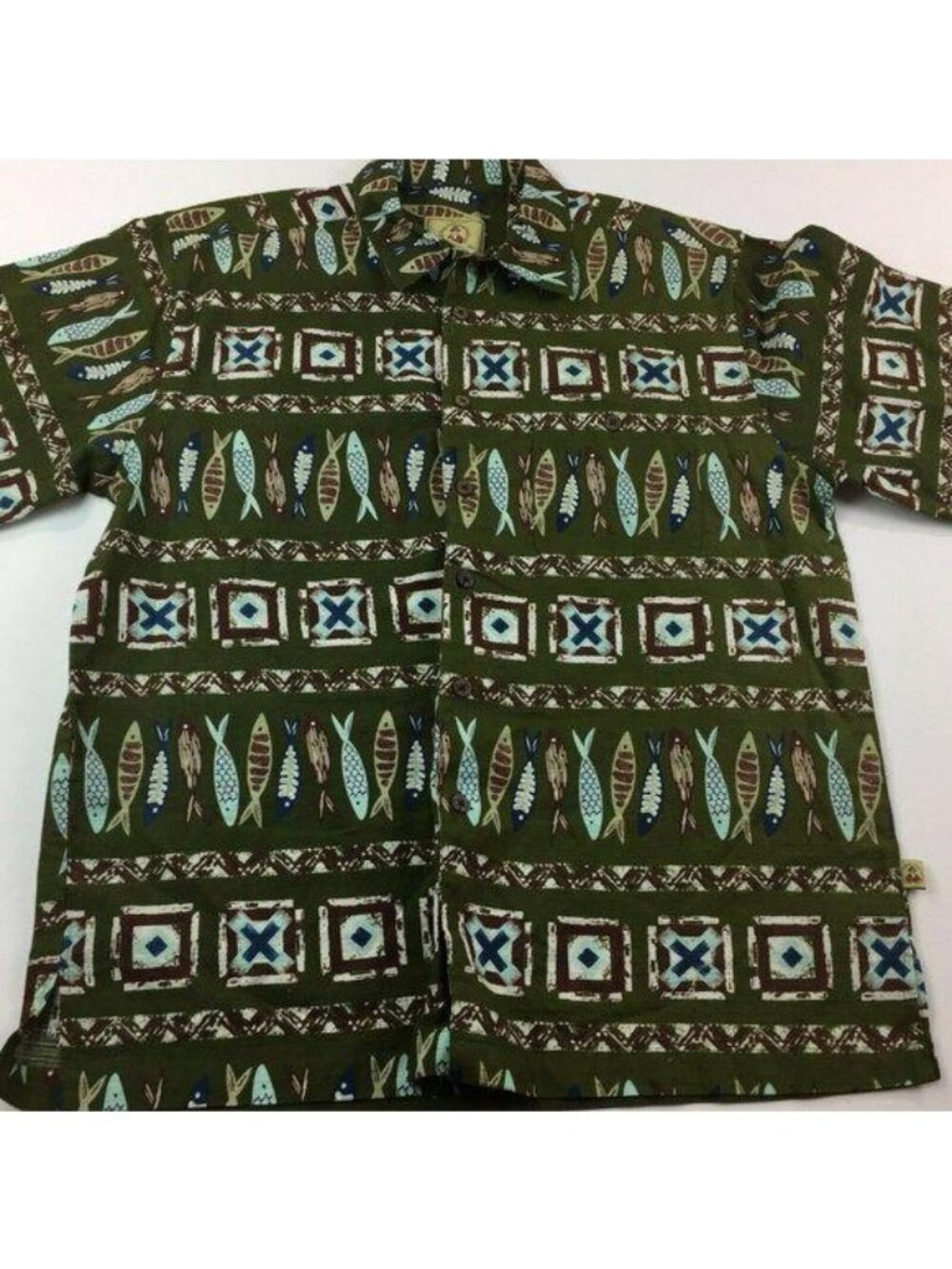 Joe Marlin Mens Green Hawaiian Aloha Fish Print Button Shirt Size Large